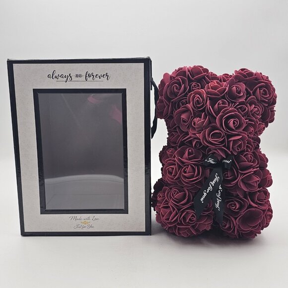 Always And Forever Faux Rose Flower Bear Figure Valentines Day Gift Maroon 9 in - Picture 1 of 10